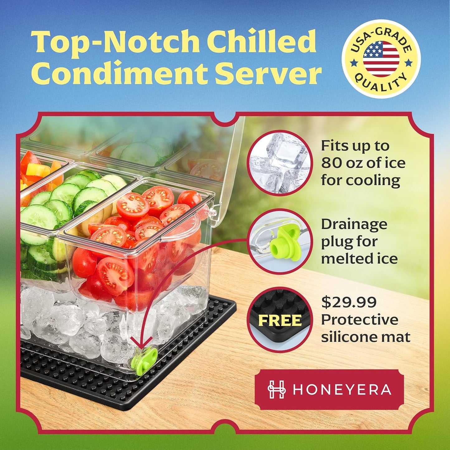Entertaining Condiment Server with Ice Base – Ideal for BBQs, Buffets & Gatherings, BAR MAT INCLUDED
