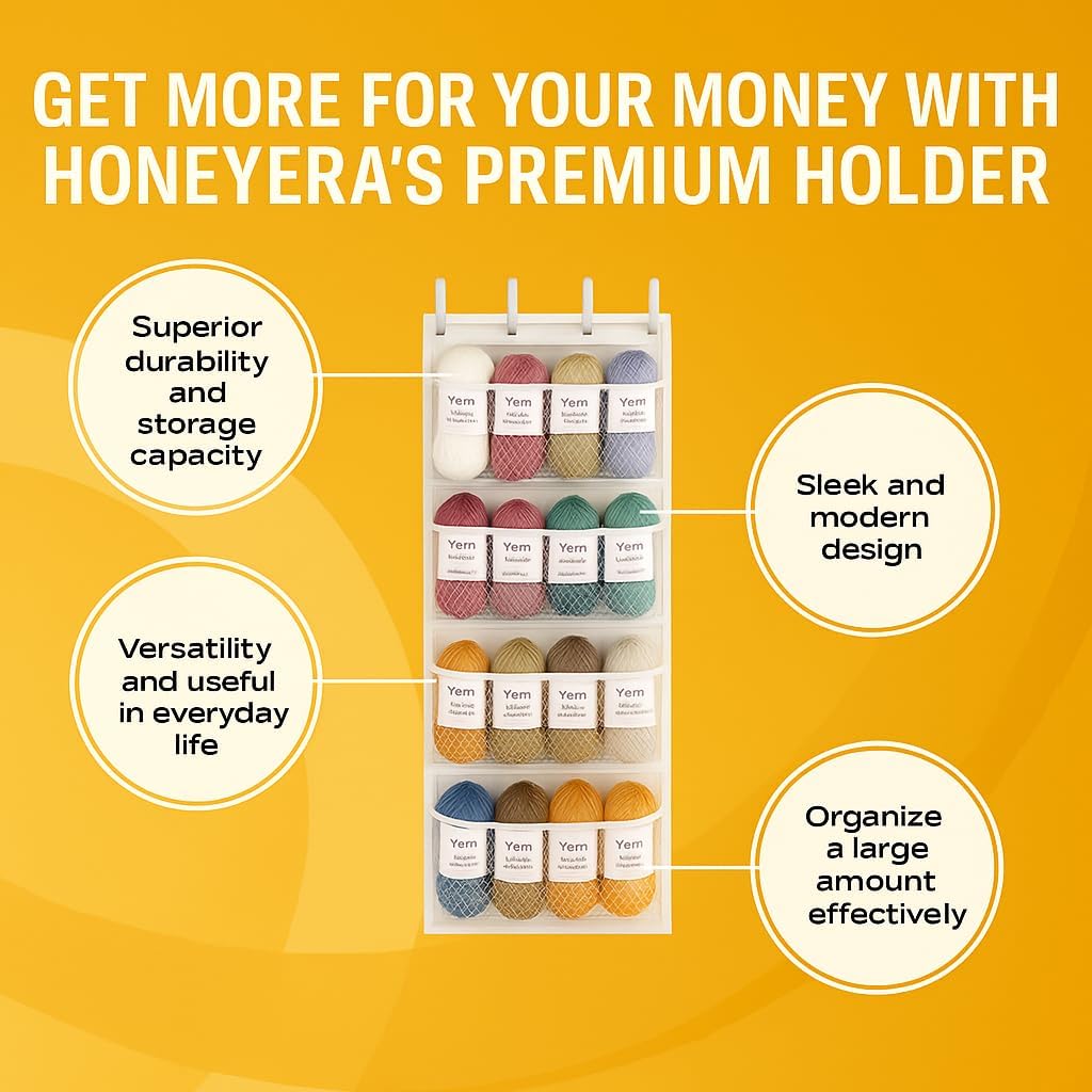 Honeyera Yarn Organizer and Storage Over The Door – Large Hanging Yarn Organizer with 4 Clear Mesh Compartments – Crochet Yarn, Knitting Supplies, Craft & Crochet Hook Storage Solution