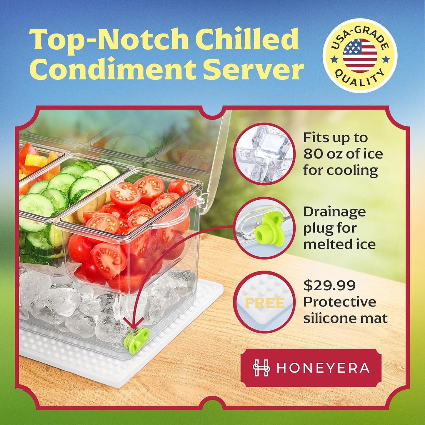 Entertaining Condiment Server with Ice Base – Ideal for BBQs, Buffets & Gatherings, BAR MAT INCLUDED