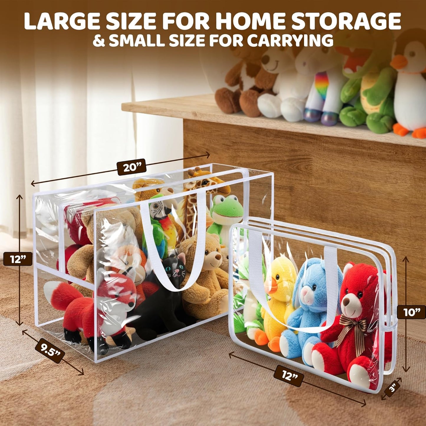 Honeyera Stuffed Animals Storage Bags with Zipper - Set of 2 with 1 Large Toy Storage Bag for Home Organization & 1 Portable Small Tote for Travel - Clear PVC Material for Easy Visibility & Organizing