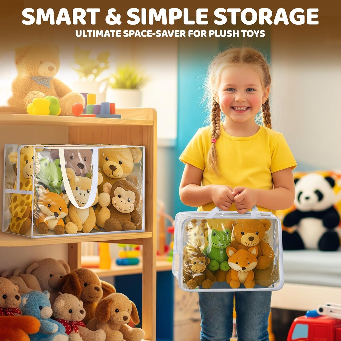 Honeyera Stuffed Animals Storage Bags with Zipper - Set of 2 with 1 Large Toy Storage Bag for Home Organization & 1 Portable Small Tote for Travel - Clear PVC Material for Easy Visibility & Organizing