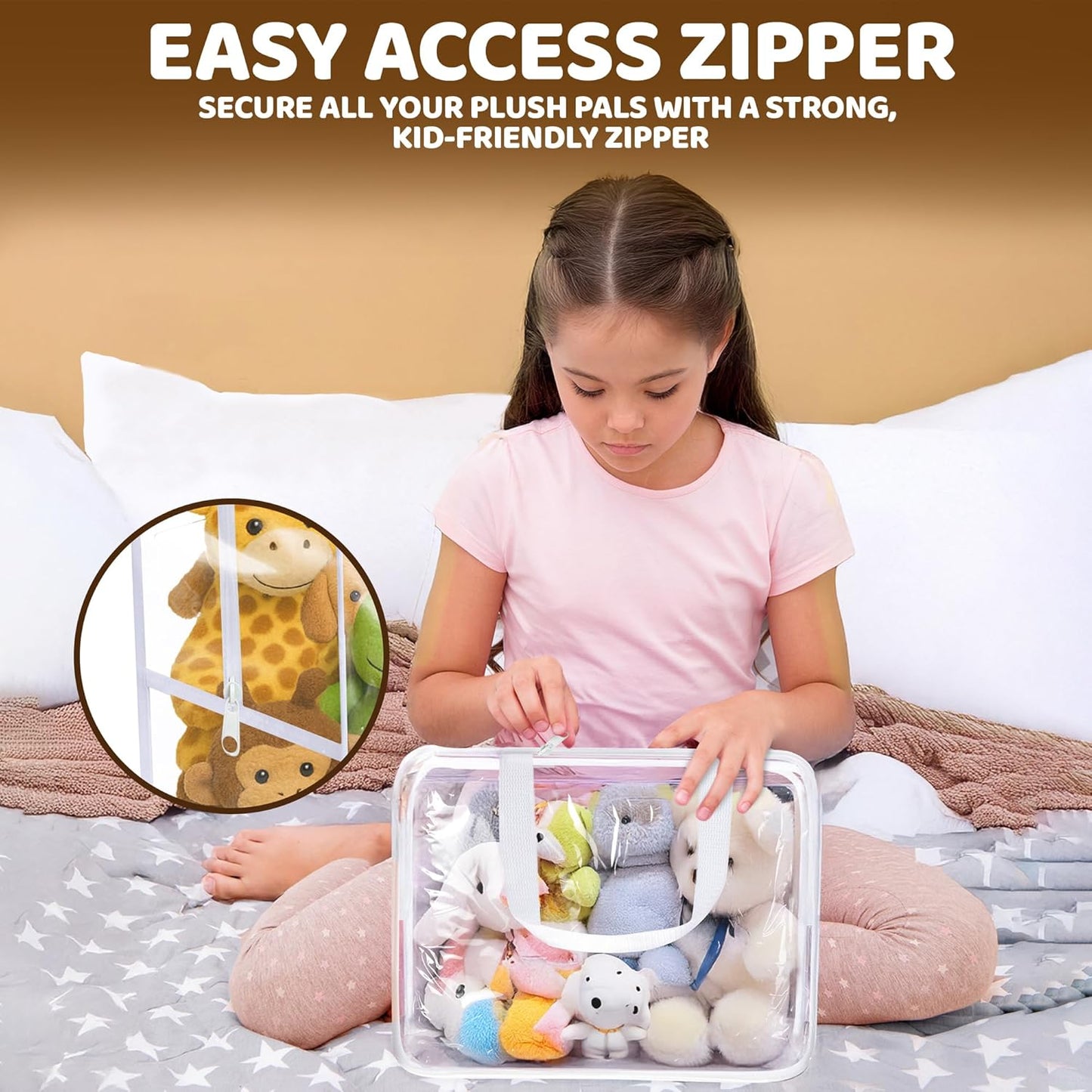 Honeyera Stuffed Animals Storage Bags with Zipper - Set of 2 with 1 Large Toy Storage Bag for Home Organization & 1 Portable Small Tote for Travel - Clear PVC Material for Easy Visibility & Organizing