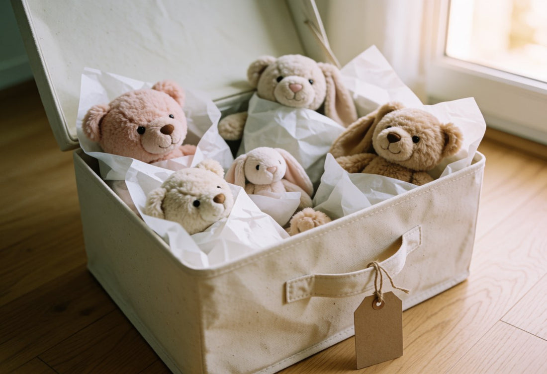 Keepsake teddy bears and plush bunnies wrapped in white tissue paper inside an open cotton storage box with a blank kraft tag