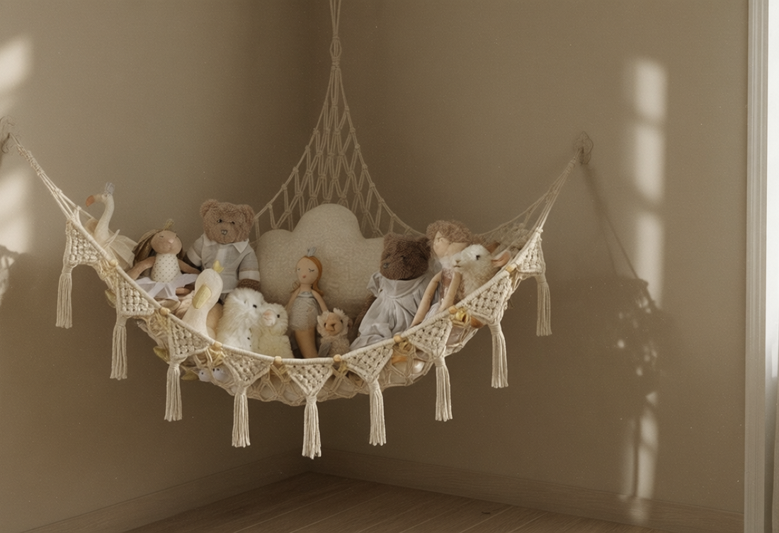 Honeyera macrame corner hammock with tassels holding plush toys and a cloud pillow across a bare room corner