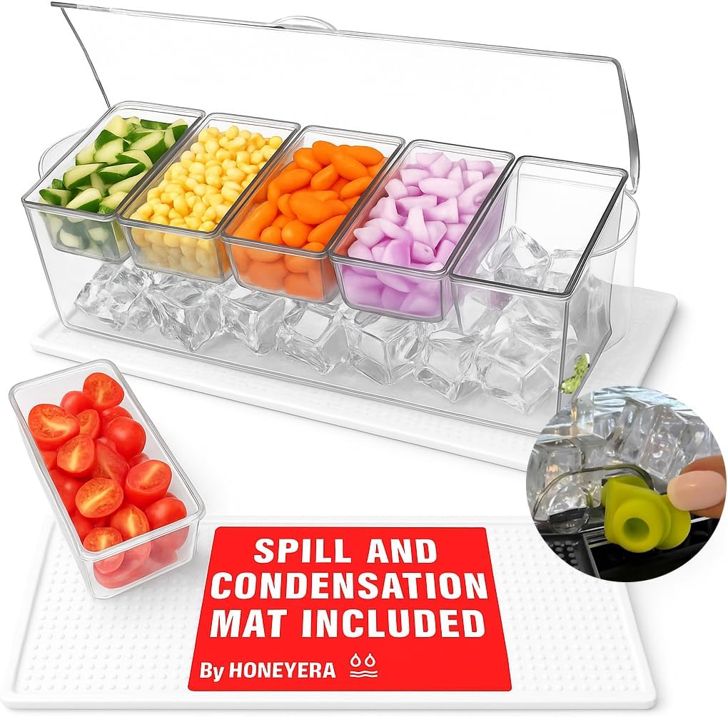 Entertaining Condiment Server with Ice Base – Ideal for BBQs, Buffets & Gatherings, BAR  MAT INCLUDED