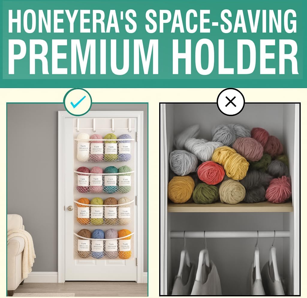 Honeyera Yarn Organizer and Storage Over The Door – Large Hanging Yarn Organizer with 4 Clear Mesh Compartments – Crochet Yarn, Knitting Supplies, Craft & Crochet Hook Storage Solution