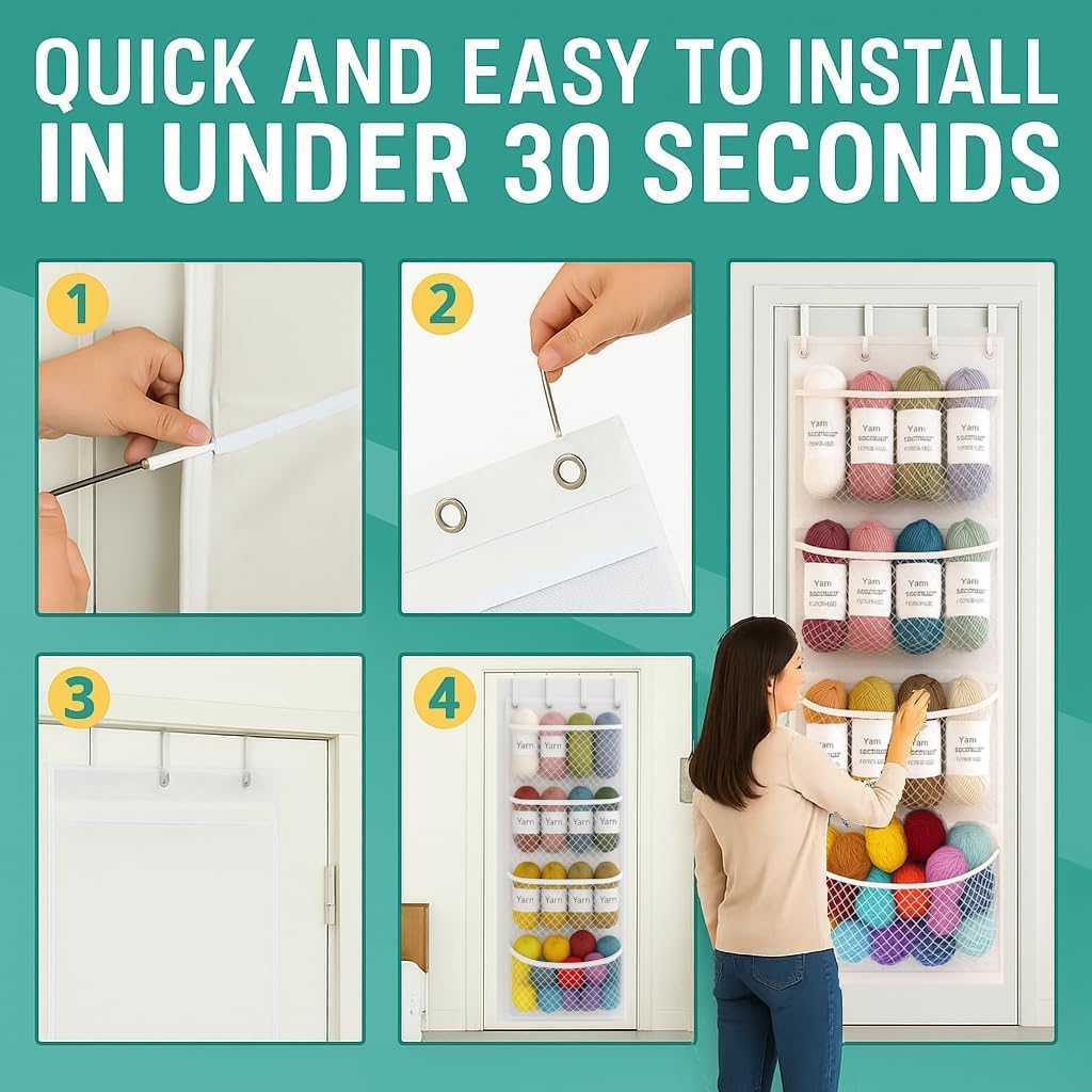 Honeyera Yarn Organizer and Storage Over The Door – Large Hanging Yarn Organizer with 4 Clear Mesh Compartments – Crochet Yarn, Knitting Supplies, Craft & Crochet Hook Storage Solution