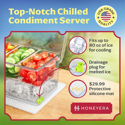 Entertaining Condiment Server with Ice Base – Ideal for BBQs, Buffets & Gatherings, BAR  MAT INCLUDED