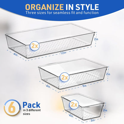 Honeyera 6-Pack Clear Plastic Drawer Organizer Set with Non-Slip Pads - Versatile Storage Bins for Kitchen, Bathroom, Office, and Vanity