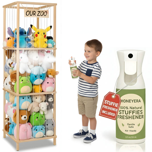 Wooden Stuffed Animal Zoo Cage, Large Plush Toy Organizer for Kids, Holds 50+ Plushies, Safe Elastic Bands, Easy 5 Min Assembly, Durable Natural Wood, Bonus Freshener Spray