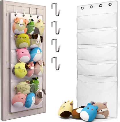 Squishmallow Holder - Over the Door Space Saving Storage Solution with 5 Large Pockets - Quick 1-Minute Installation - Organize and Display Squishmallows - Durable and Easy Access for Kids