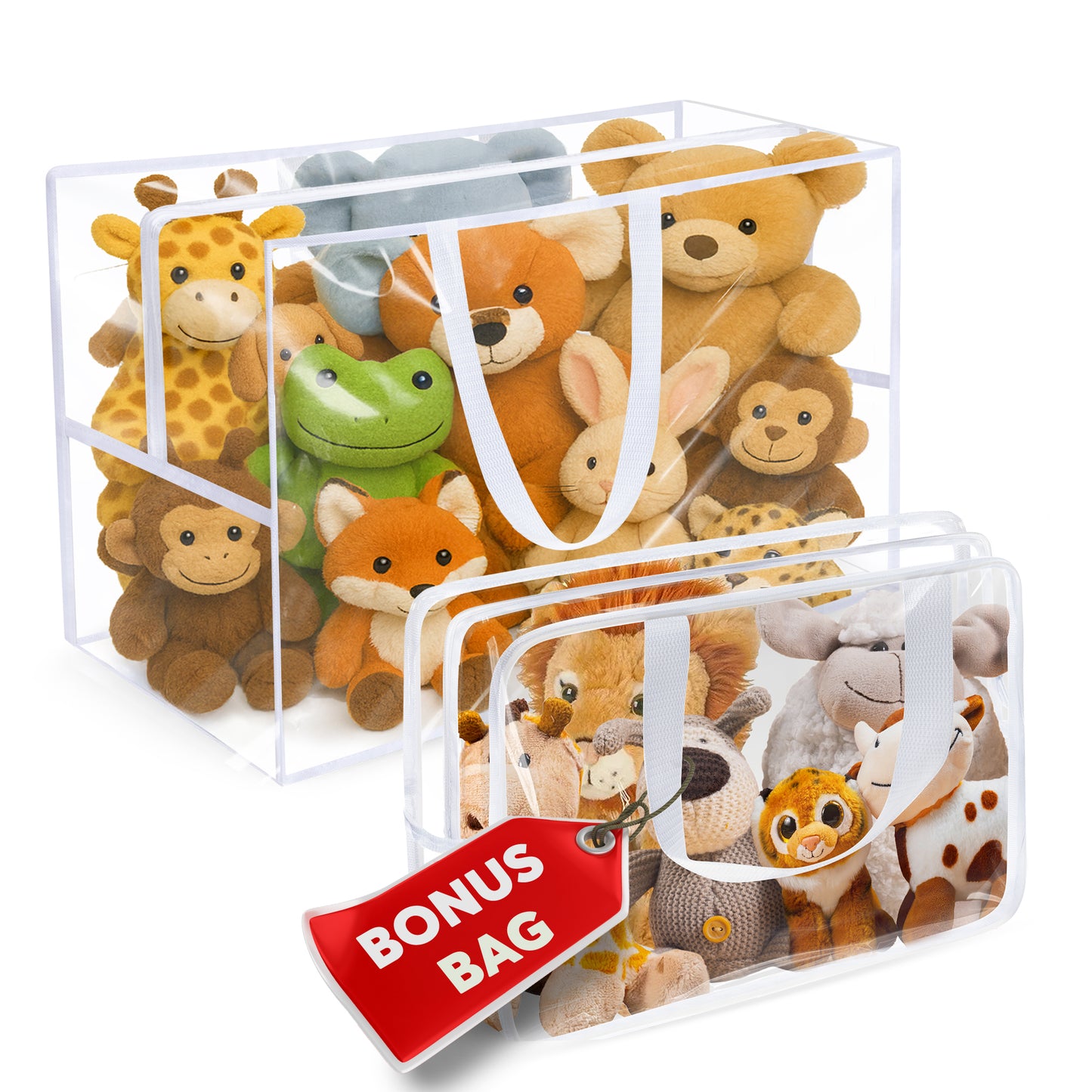 Honeyera Stuffed Animals Storage Bags with Zipper - Set of 2 with 1 Large Toy Storage Bag for Home Organization & 1 Portable Small Tote for Travel - Clear PVC Material for Easy Visibility & Organizing