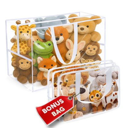 Honeyera Stuffed Animals Storage Bags with Zipper - Set of 2 with 1 Large Toy Storage Bag for Home Organization & 1 Portable Small Tote for Travel - Clear PVC Material for Easy Visibility & Organizing