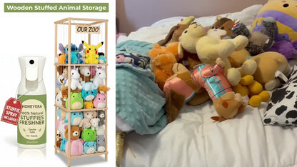 Wooden Stuffed Animal Zoo Cage, Large Plush Toy Organizer for Kids, Holds 50+ Plushies, Safe Elastic Bands, Easy 5 Min Assembly, Durable Natural Wood, Bonus Freshener Spray