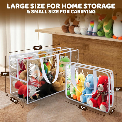 Honeyera Stuffed Animals Storage Bags with Zipper - Set of 2 with 1 Large Toy Storage Bag for Home Organization & 1 Portable Small Tote for Travel - Clear PVC Material for Easy Visibility & Organizing