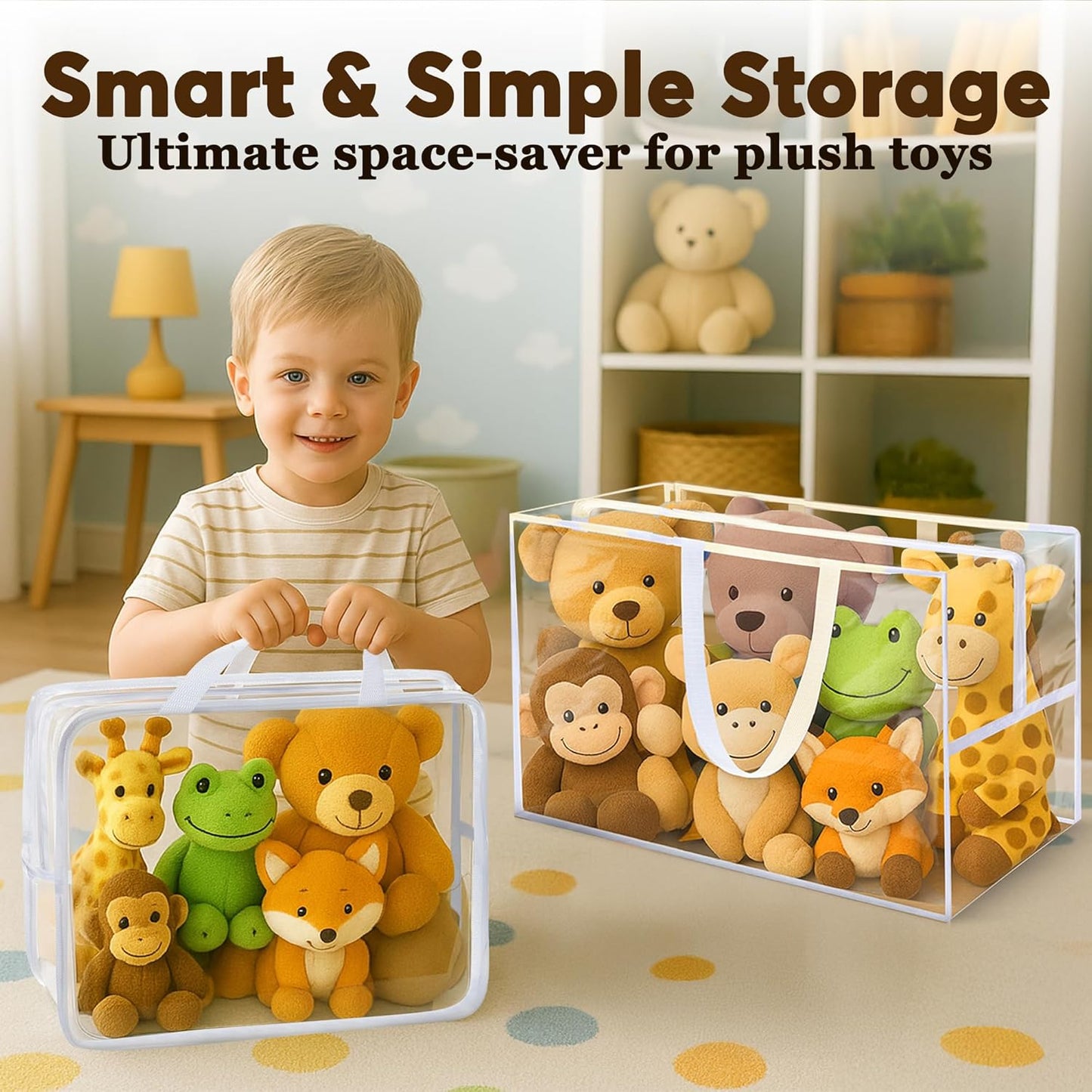 Honeyera Stuffed Animals Storage Bags with Zipper - Set of 2 with 1 Large Toy Storage Bag for Home Organization & 1 Portable Small Tote for Travel - Clear PVC Material for Easy Visibility & Organizing