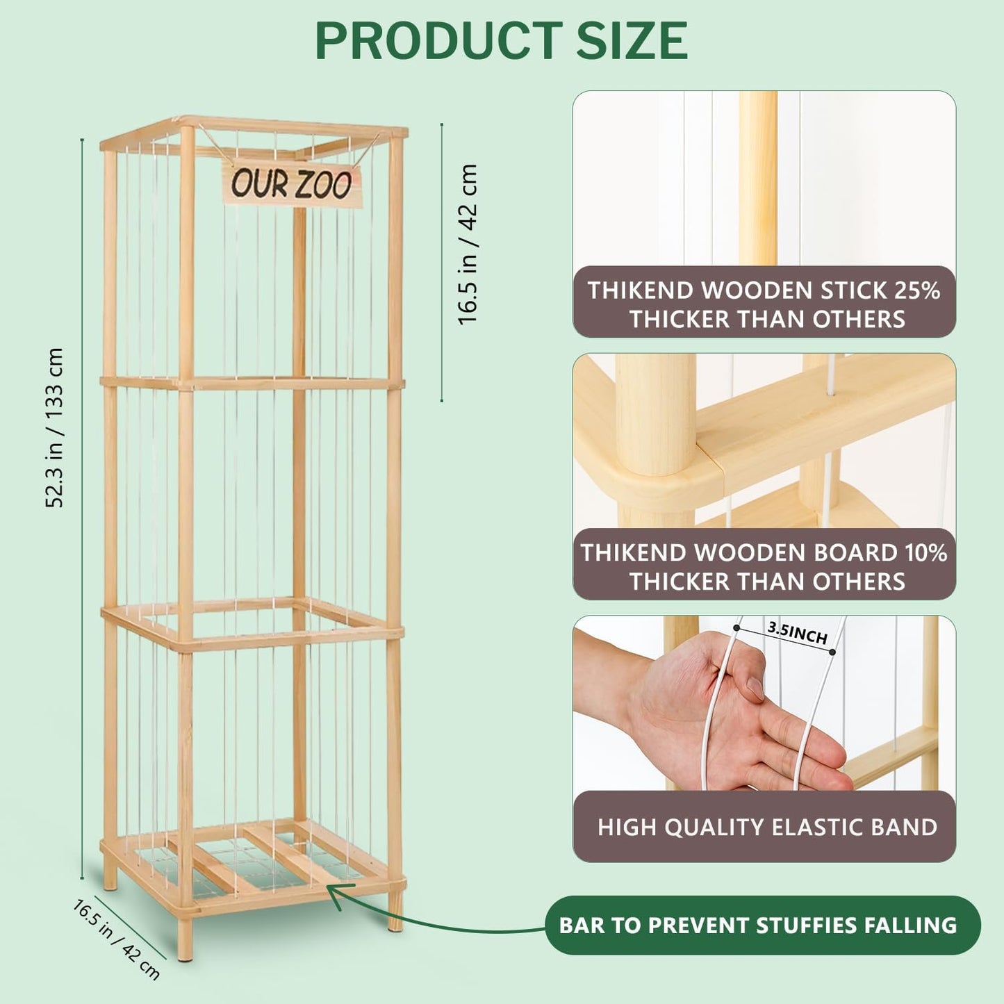 Wooden Stuffed Animal Zoo Cage, Large Plush Toy Organizer for Kids, Holds 50+ Plushies, Safe Elastic Bands, Easy 5 Min Assembly, Durable Natural Wood, Bonus Freshener Spray