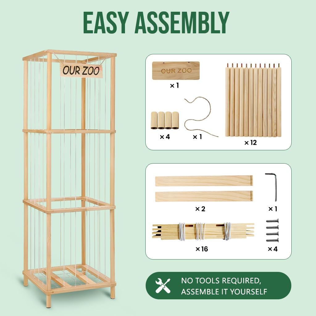 Wooden Stuffed Animal Zoo Cage, Large Plush Toy Organizer for Kids, Holds 50+ Plushies, Safe Elastic Bands, Easy 5 Min Assembly, Durable Natural Wood, Bonus Freshener Spray