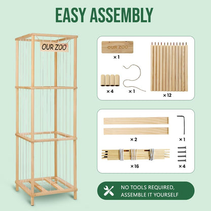 Wooden Stuffed Animal Zoo Cage, Large Plush Toy Organizer for Kids, Holds 50+ Plushies, Safe Elastic Bands, Easy 5 Min Assembly, Durable Natural Wood, Bonus Freshener Spray