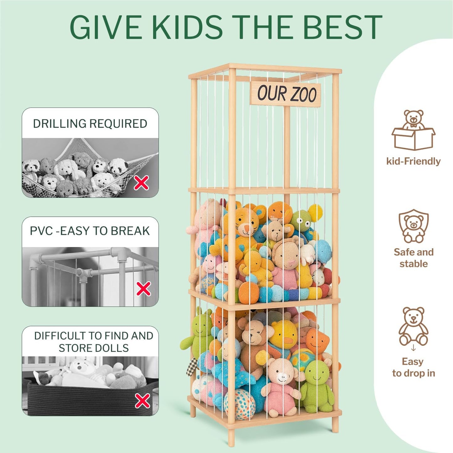 Wooden Stuffed Animal Zoo Cage, Large Plush Toy Organizer for Kids, Holds 50+ Plushies, Safe Elastic Bands, Easy 5 Min Assembly, Durable Natural Wood, Bonus Freshener Spray